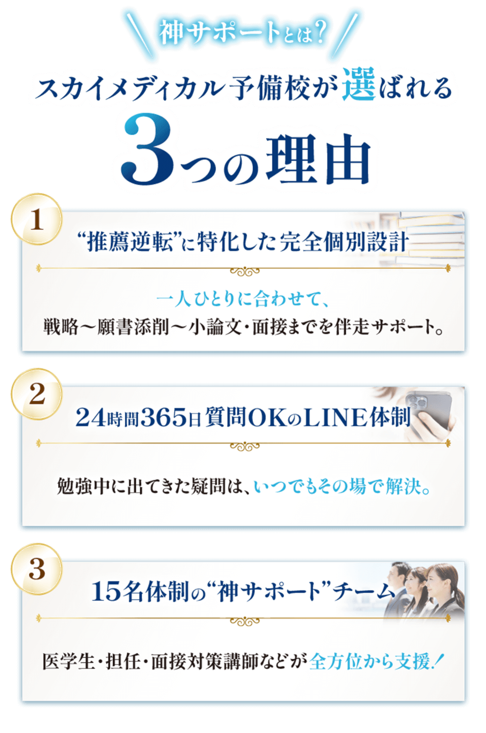 スカイメディカル予備校が選ばれる3つの理由|推薦逆転の個別戦略・365日LINE質問対応・15名体制の医学部合格サポート