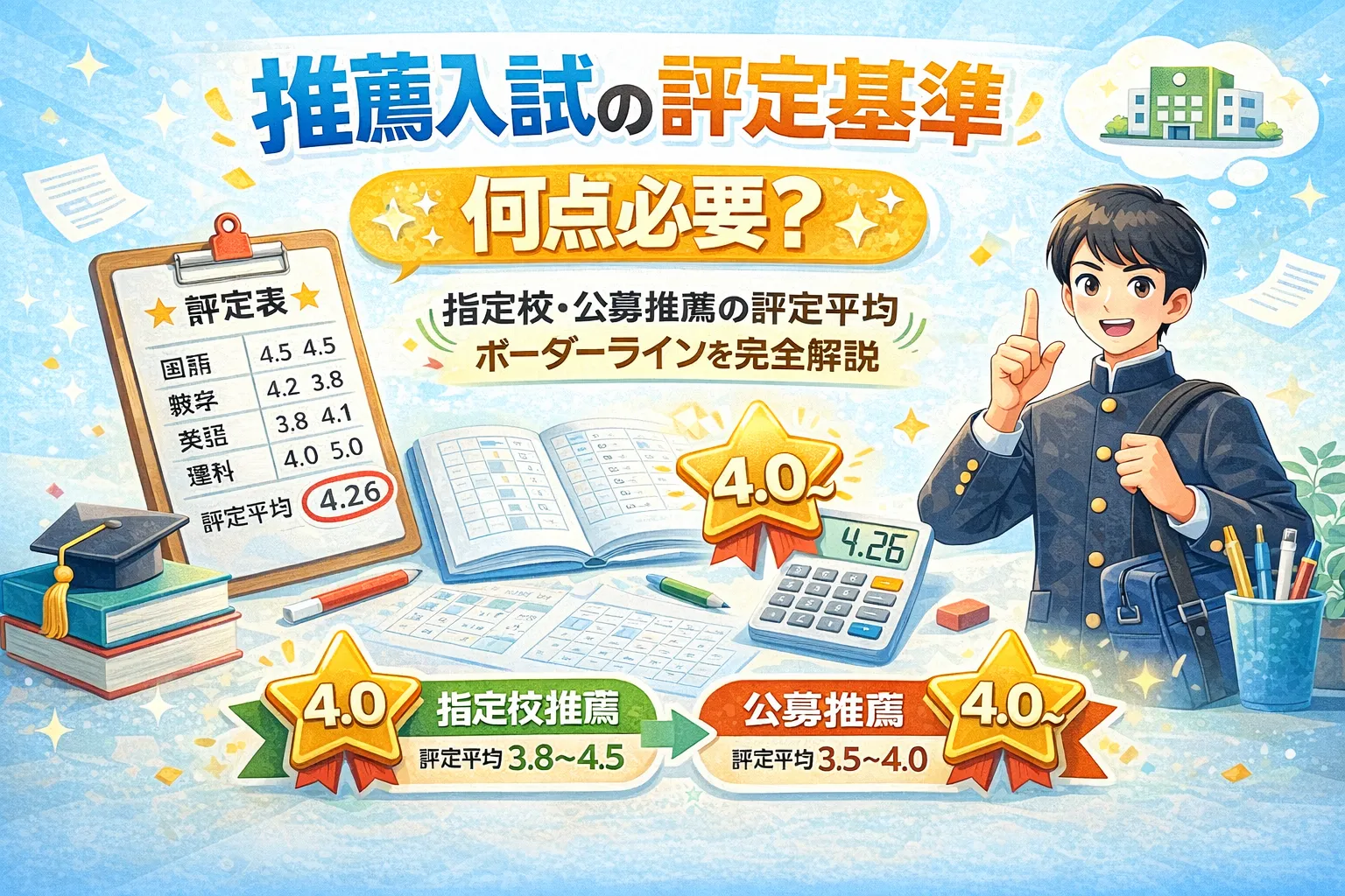 推薦入試の評定基準|何点必要?指定校・公募推薦の評定平均ボーダー 
